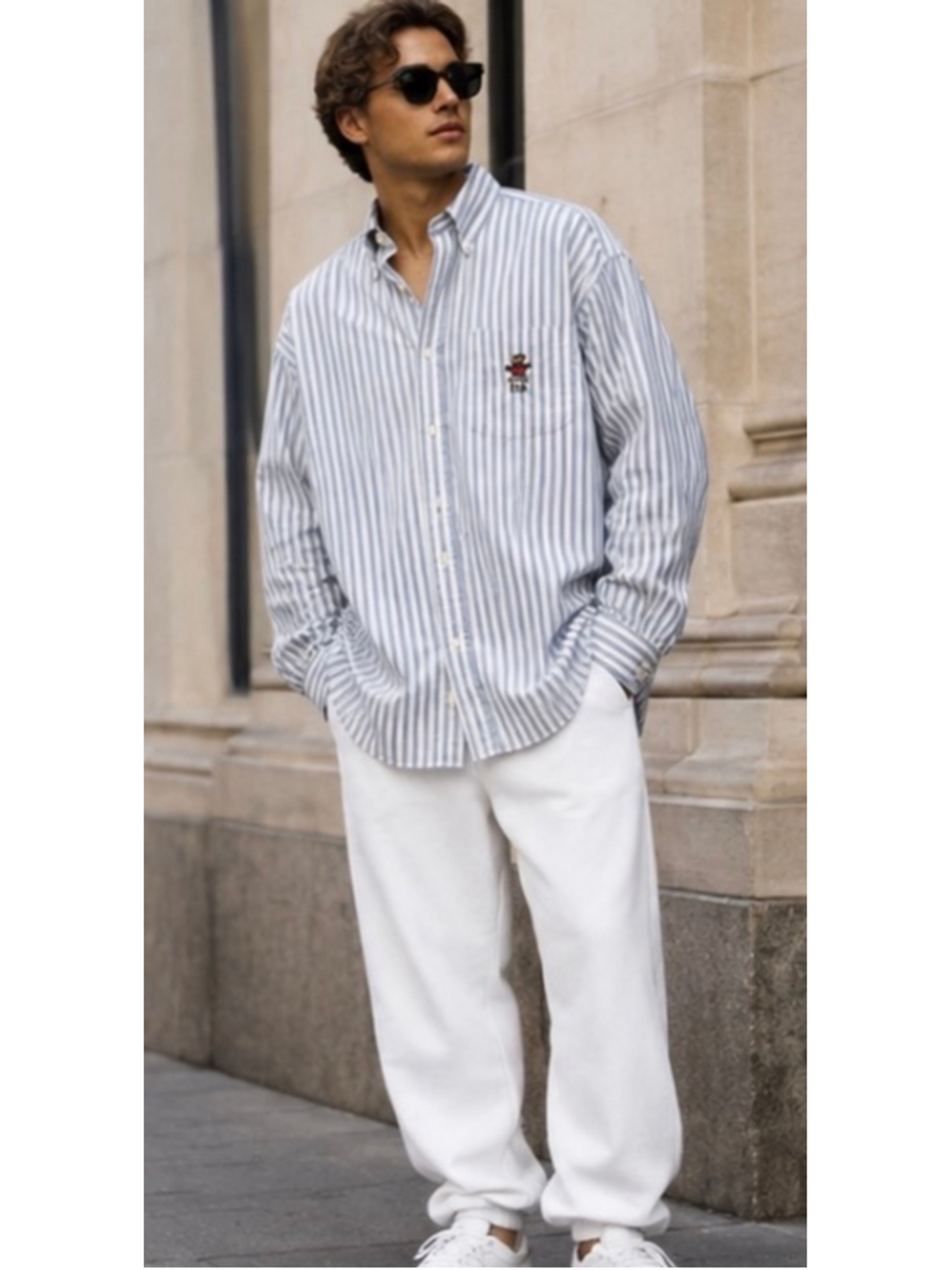 RARE: Ralph Lauren Big Shirt Button Down Size L Blue White Striped Polo Bear USA